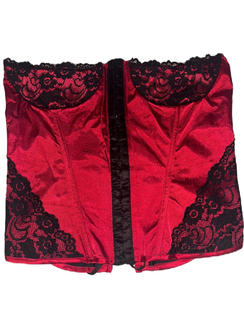 Red Satin Corset Bustier with Black Lace Trim